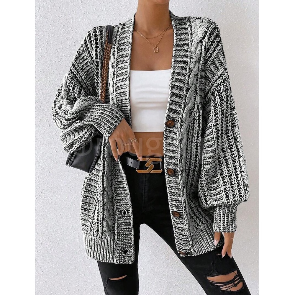 Oversized Grey Cable Knit Cardigan Long Sleeves Hip Length Buttoned